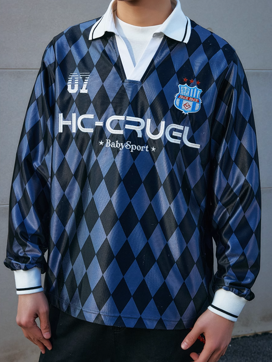 Harsh and Cruel Badge Embroidered Plaid Long Sleeve Polo Jersey