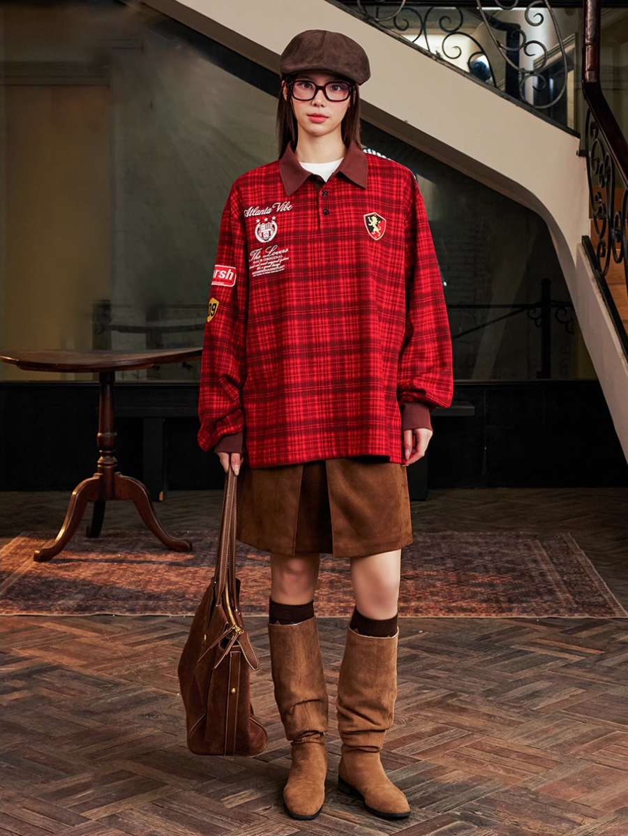 Harsh and Cruel Brushed Tartan Badge Embroidered Long Sleeve Polo