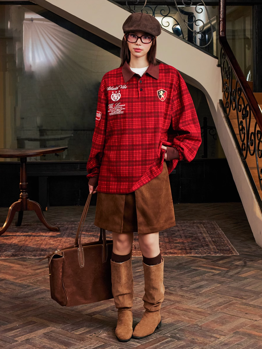 Harsh and Cruel Brushed Tartan Badge Embroidered Long Sleeve Polo