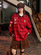 Harsh and Cruel Brushed Tartan Badge Embroidered Long Sleeve Polo