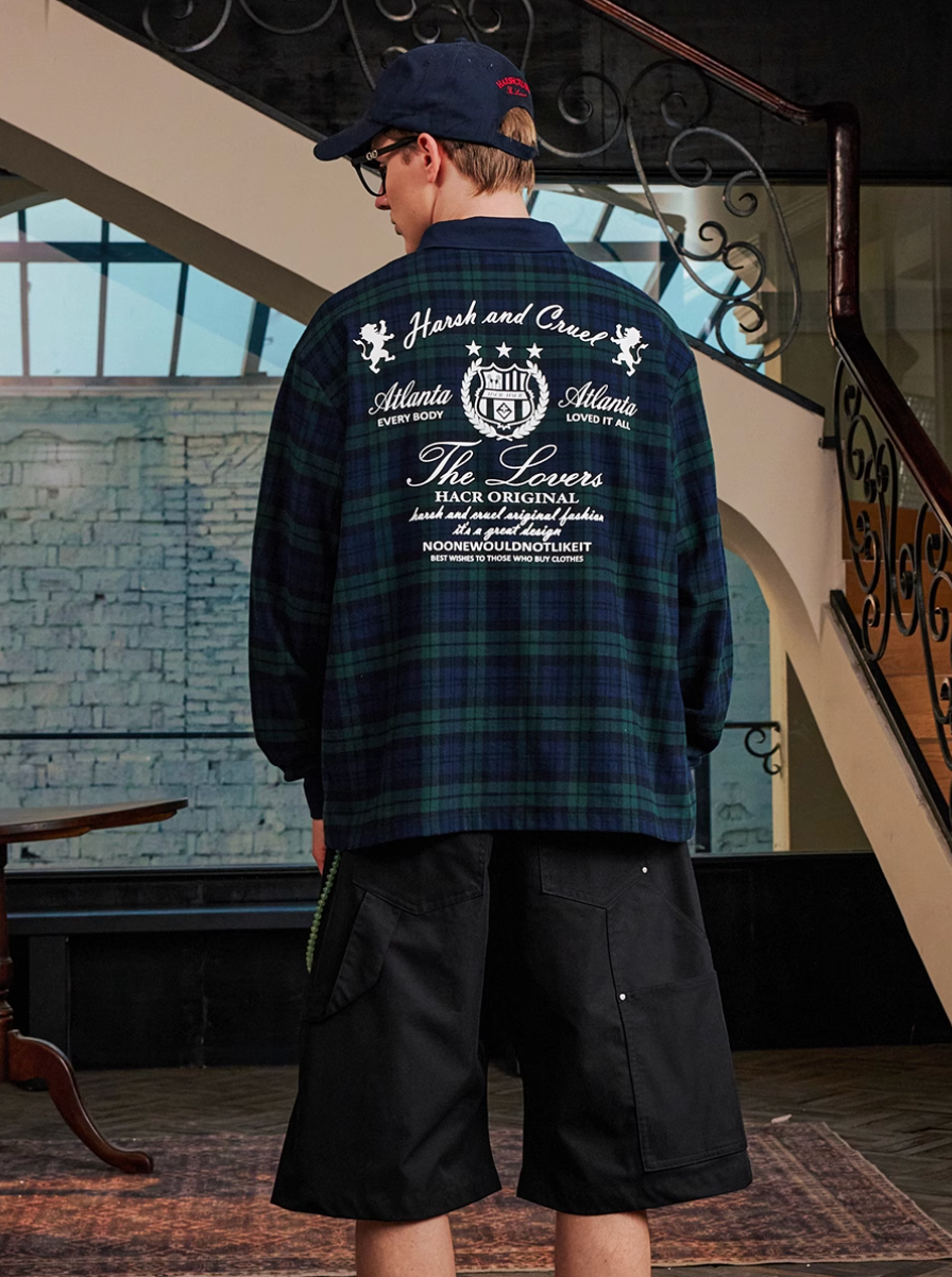Harsh and Cruel Brushed Tartan Badge Embroidered Long Sleeve Polo
