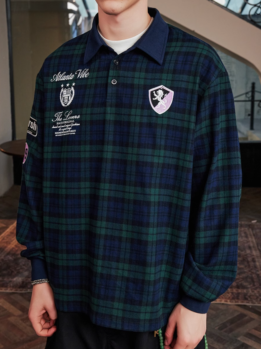 Harsh and Cruel Brushed Tartan Badge Embroidered Long Sleeve Polo