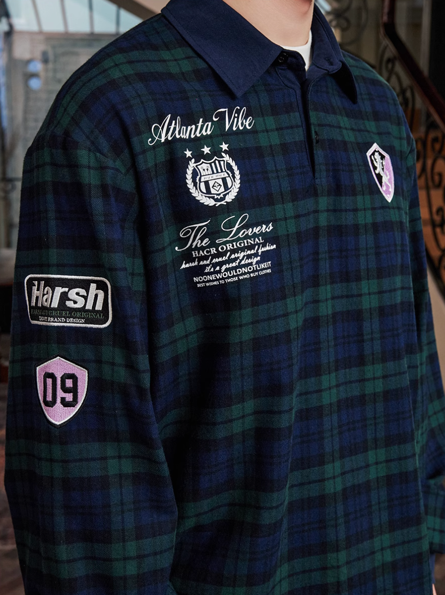 Harsh and Cruel Brushed Tartan Badge Embroidered Long Sleeve Polo