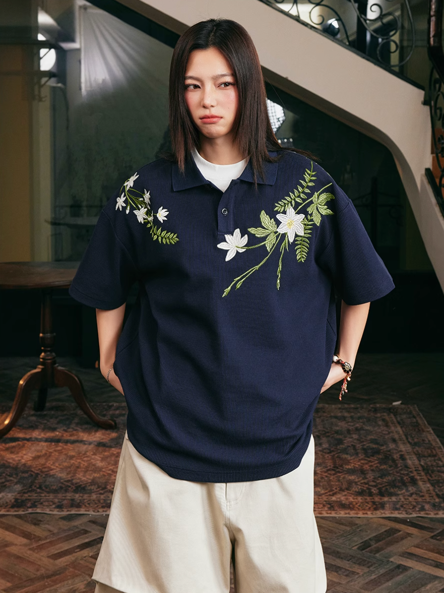 Harsh and Cruel Botanical Embroidered Polo