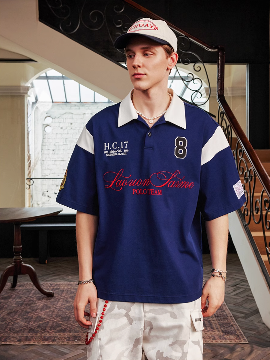 Harsh and Cruel Colorblock Number Embroidered Polo