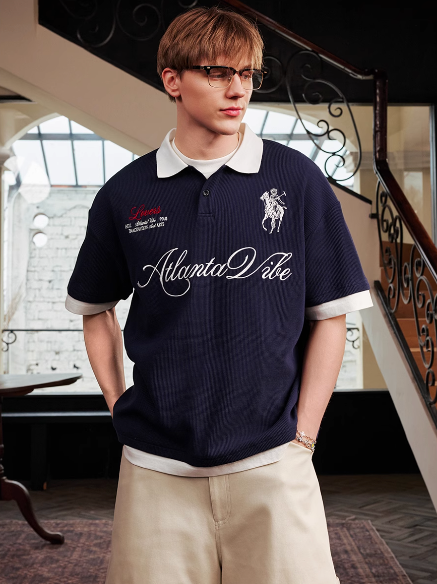 Harsh and Cruel Waffle Knit Embroidered Layered Polo