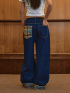 Harsh and Cruel Plaid Trim Cuffed Pocket Jeans