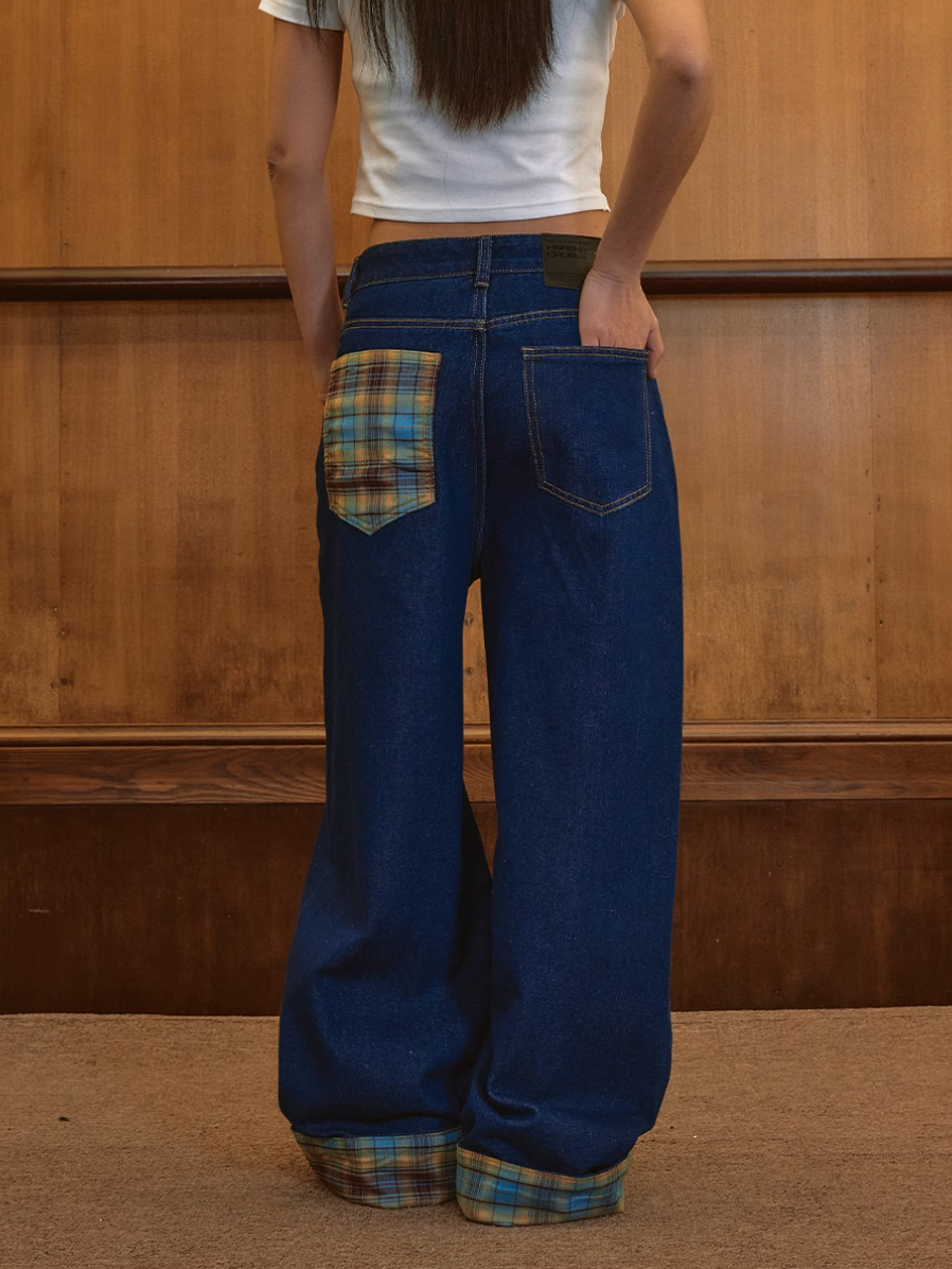 Harsh and Cruel Plaid Trim Cuffed Pocket Jeans