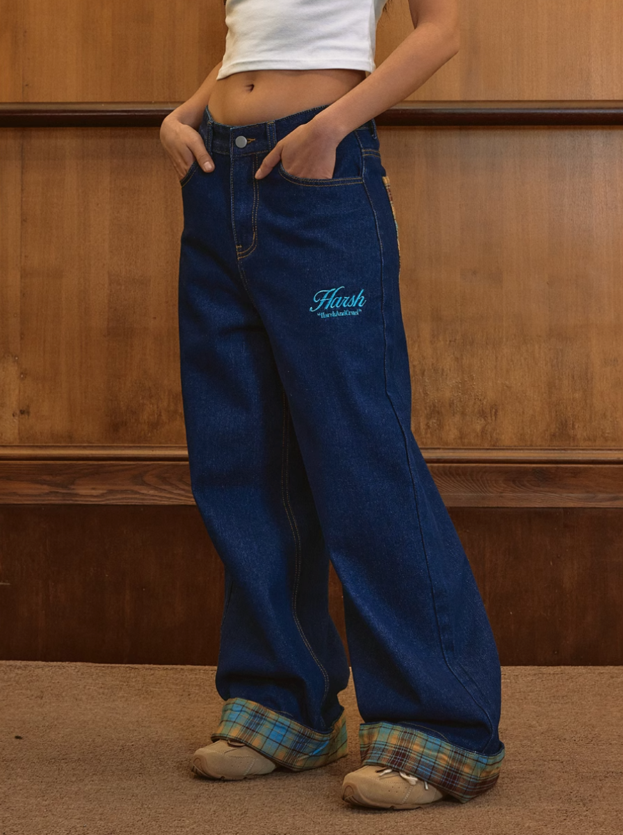 Harsh and Cruel Plaid Trim Cuffed Pocket Jeans