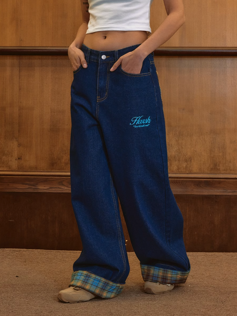 Harsh and Cruel Plaid Trim Cuffed Pocket Jeans