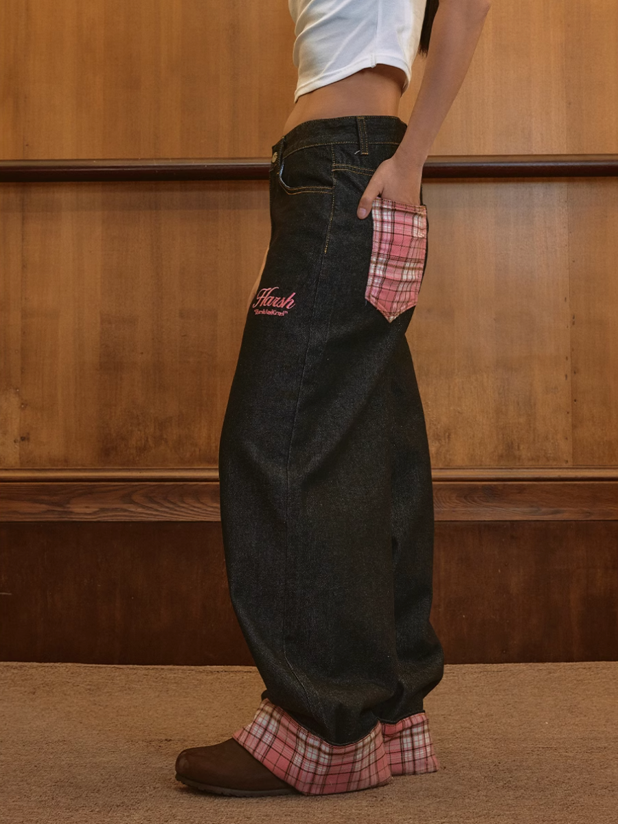 Harsh and Cruel Plaid Trim Cuffed Pocket Jeans