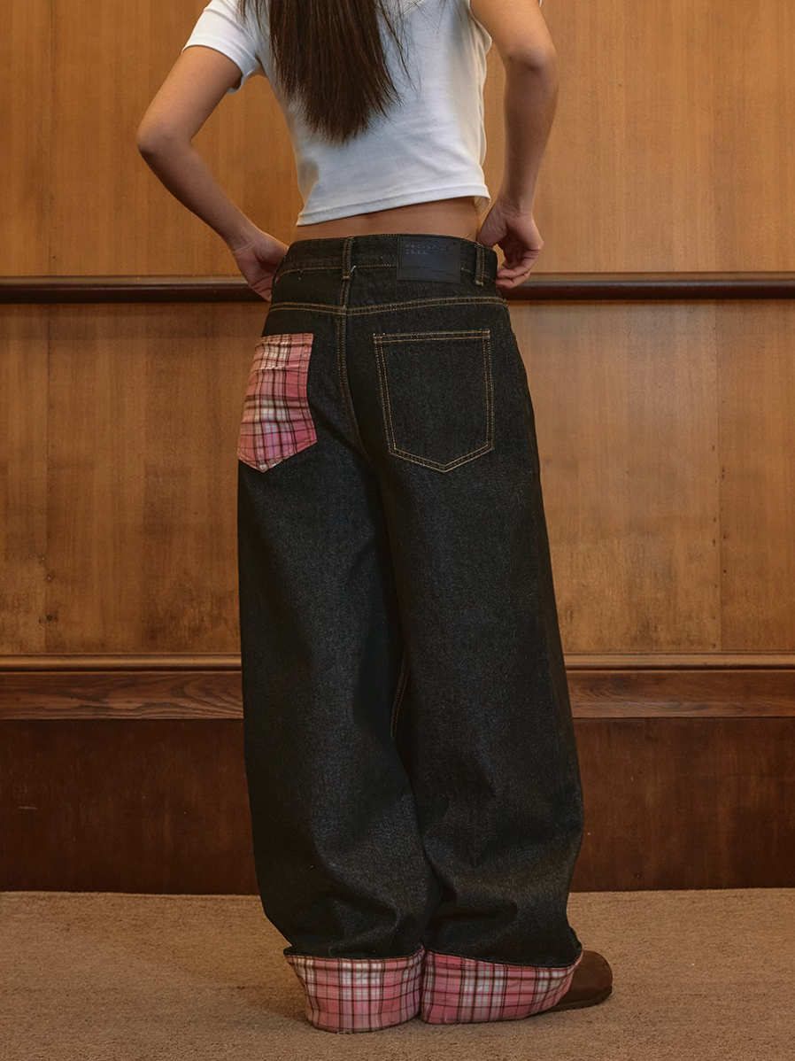 Harsh and Cruel Plaid Trim Cuffed Pocket Jeans