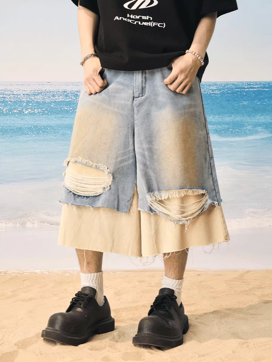 Harsh and Cruel Distressed Wash Layered Denim Shorts