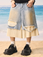 Harsh and Cruel Distressed Wash Layered Denim Shorts