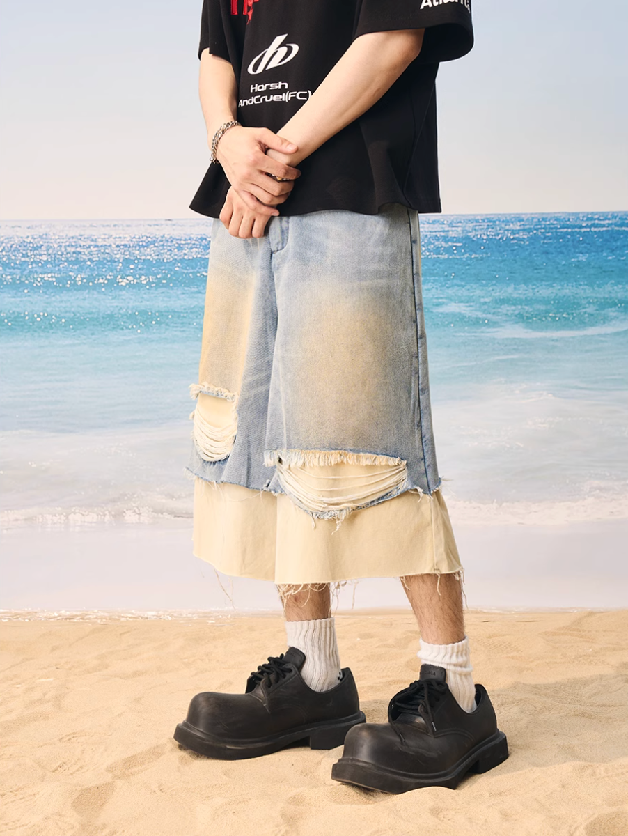 Harsh and Cruel Distressed Wash Layered Denim Shorts