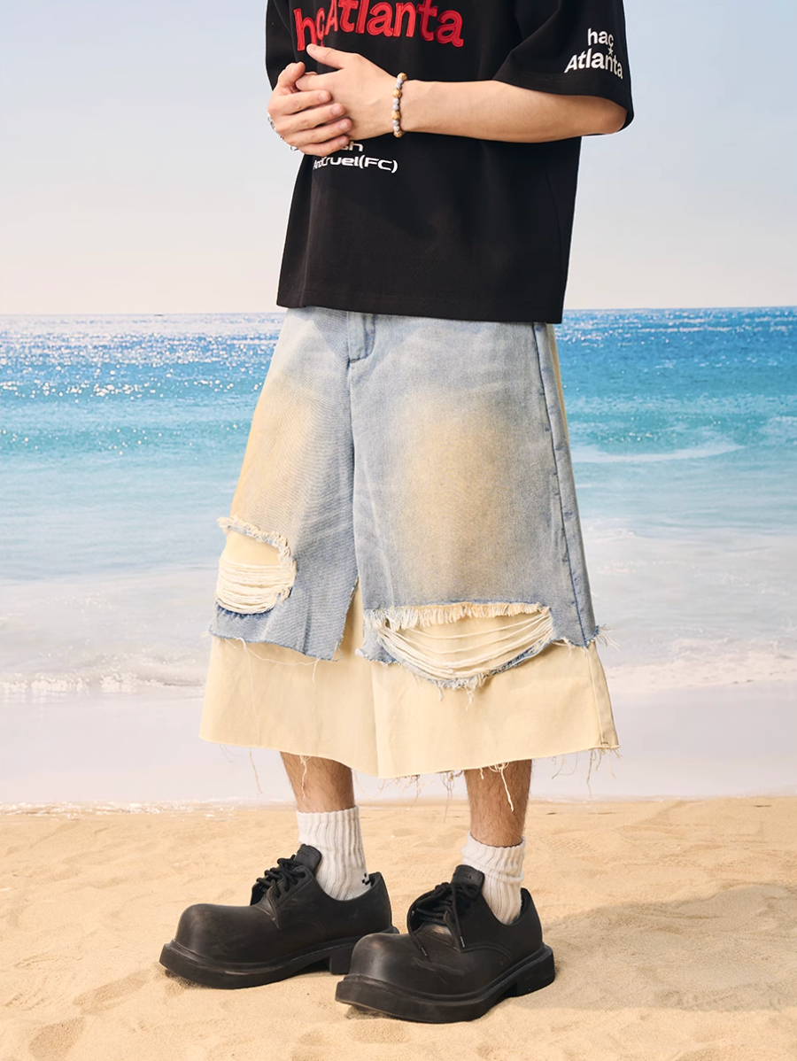 Harsh and Cruel Distressed Wash Layered Denim Shorts