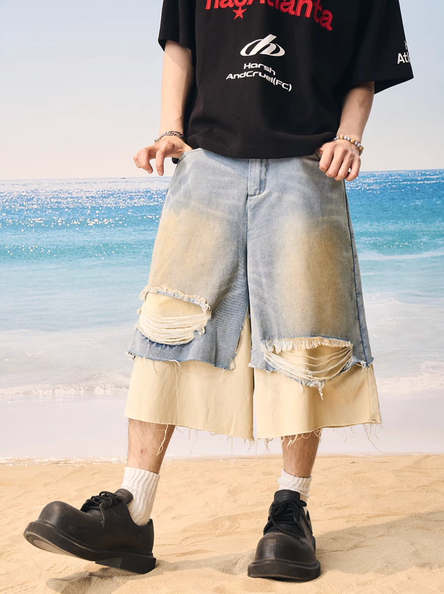 Harsh and Cruel Distressed Wash Layered Denim Shorts
