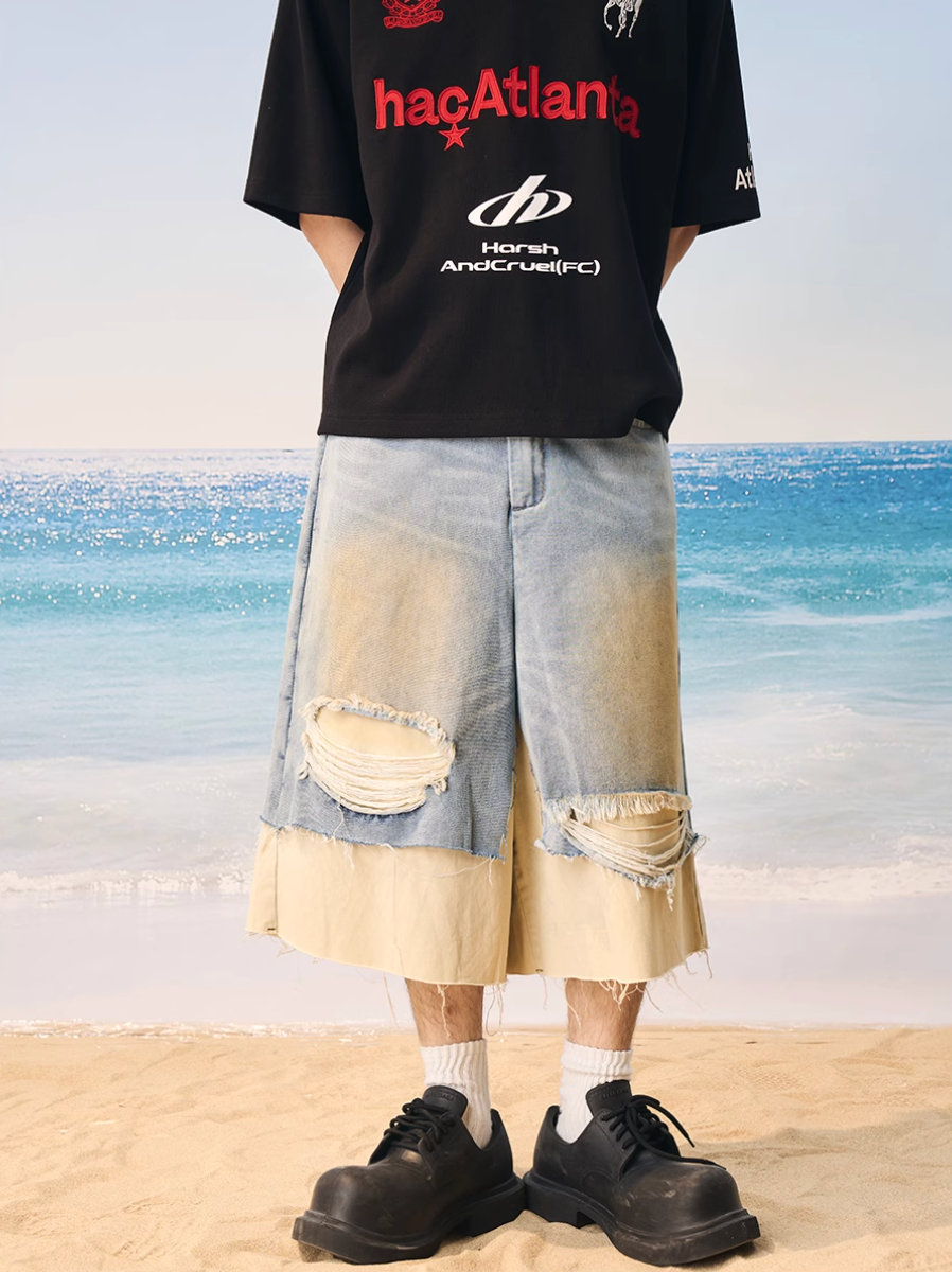 Harsh and Cruel Distressed Wash Layered Denim Shorts