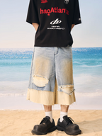 Harsh and Cruel Distressed Wash Layered Denim Shorts