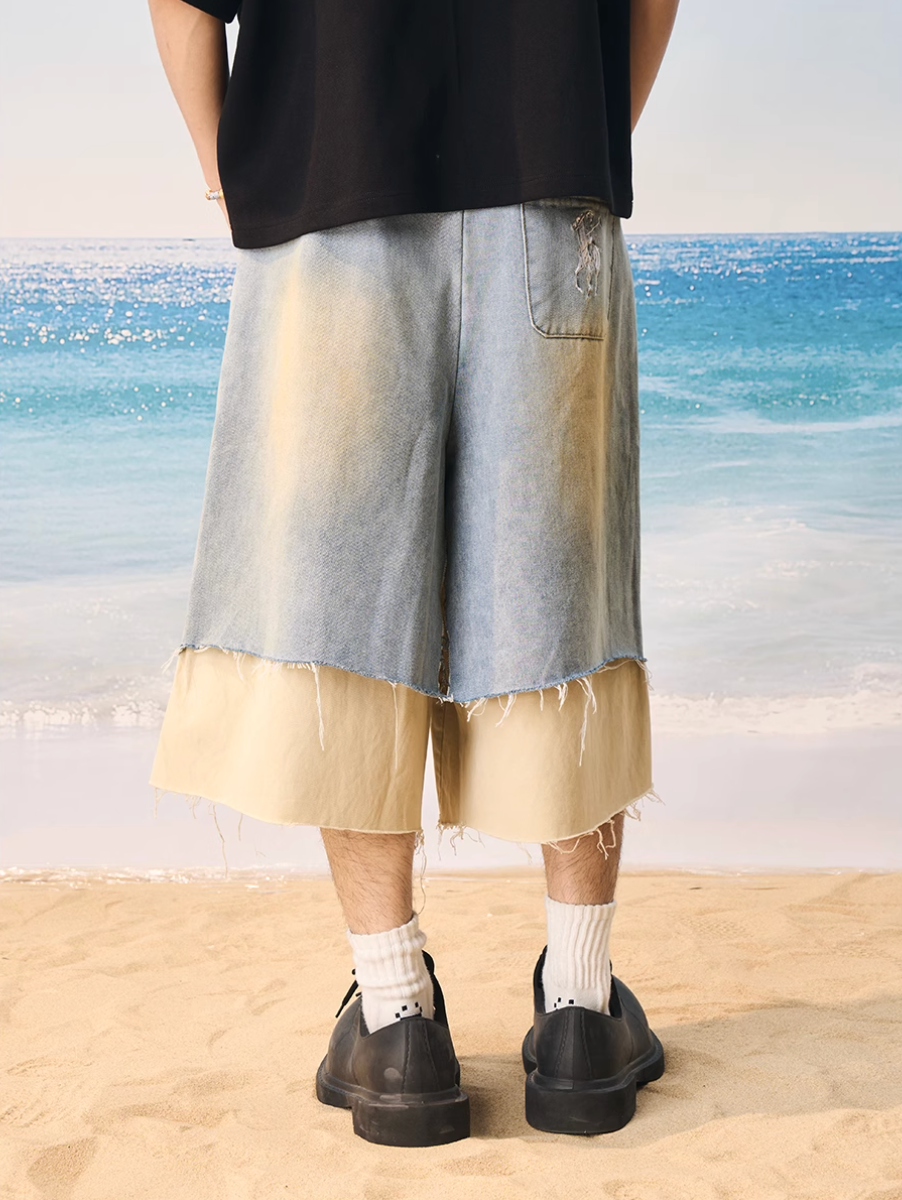 Harsh and Cruel Distressed Wash Layered Denim Shorts