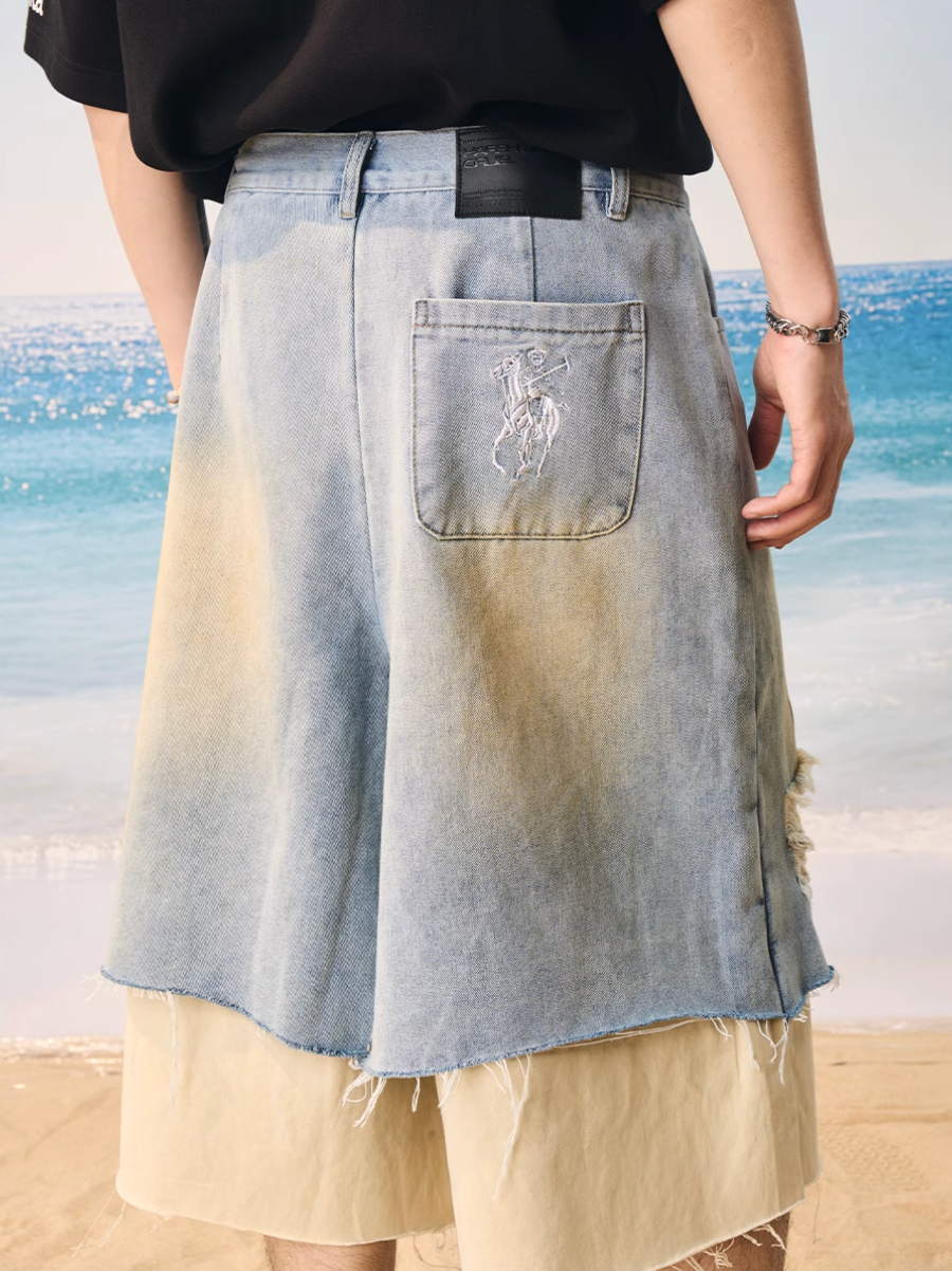 Harsh and Cruel Distressed Wash Layered Denim Shorts