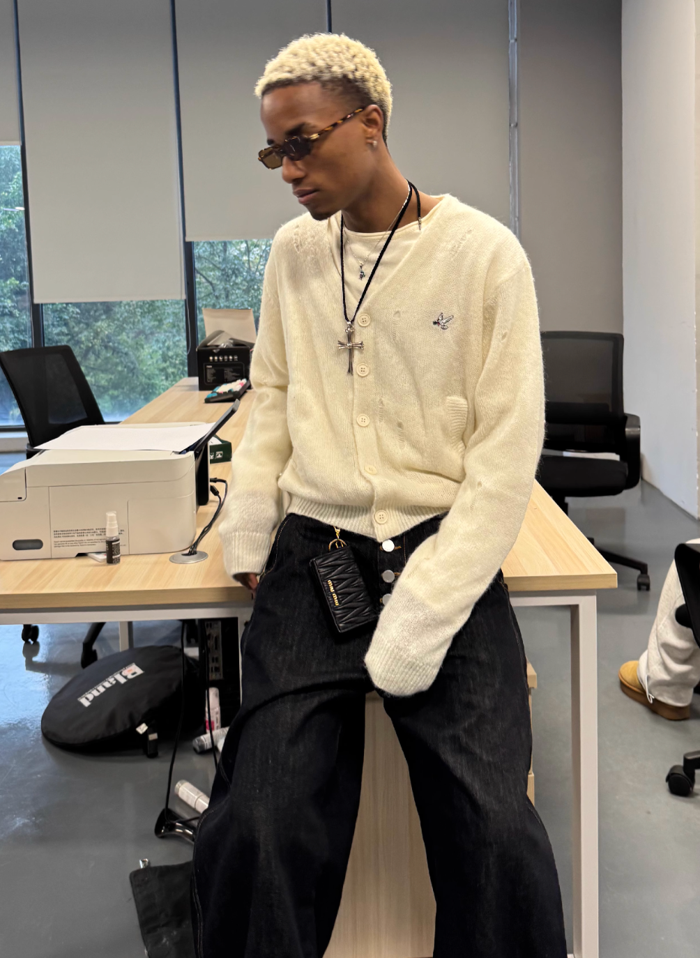 STEEPC Distressed Embroidered Wool Blend Knit Cardigan