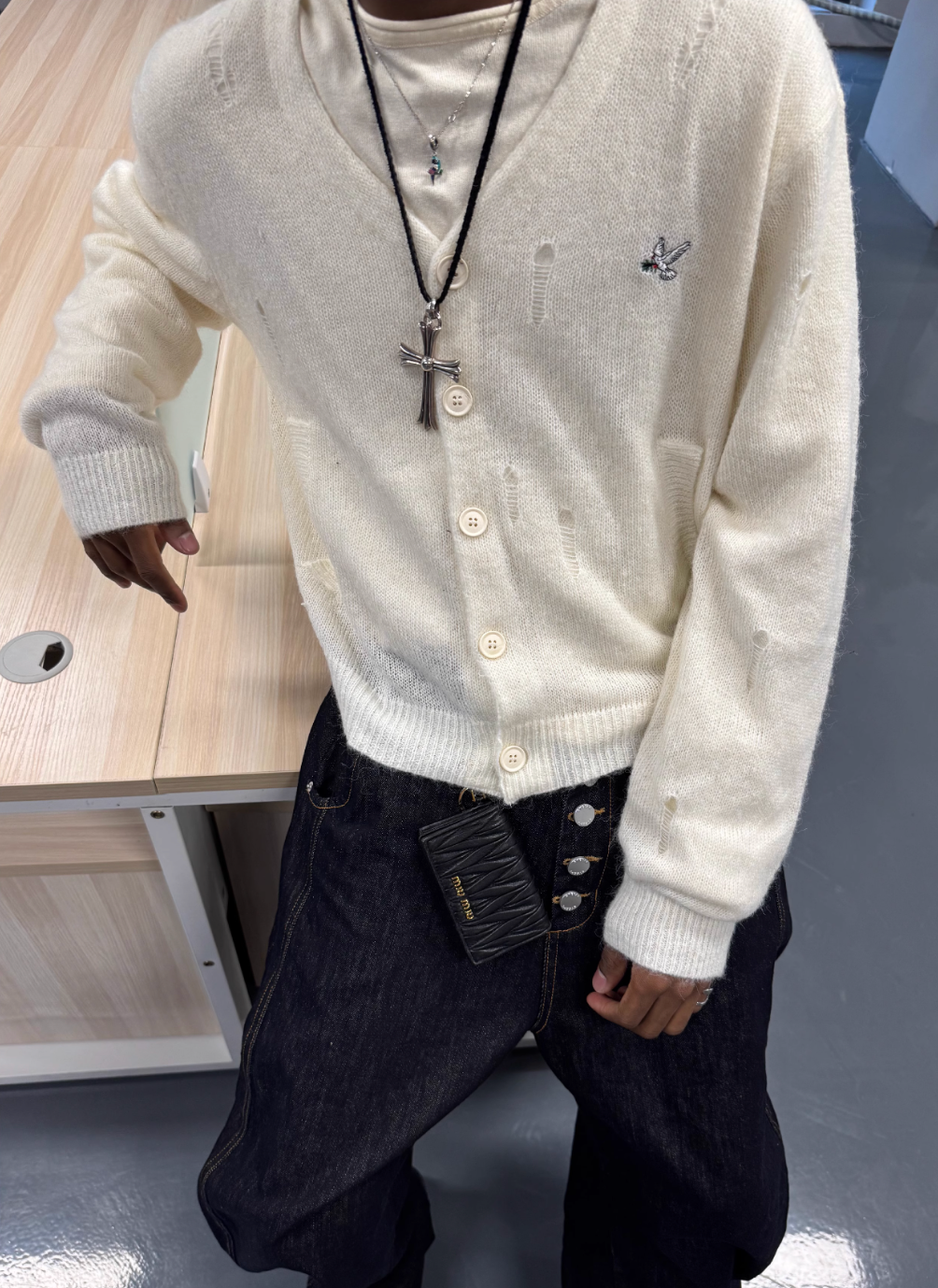 STEEPC Distressed Embroidered Wool Blend Knit Cardigan