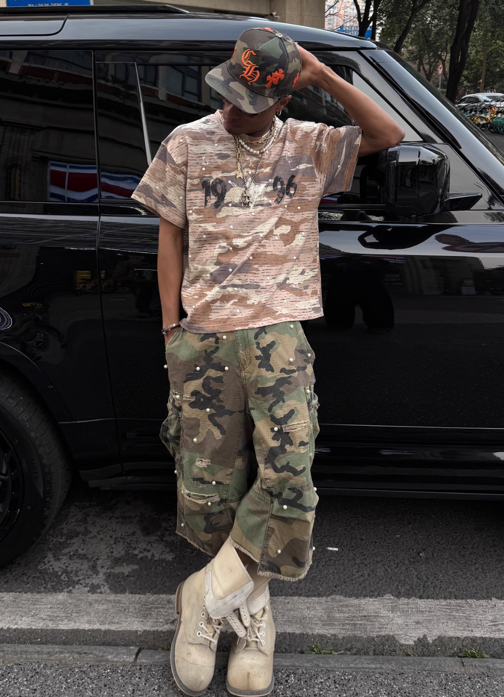 STEEPC Aged Desert Camo Pearl Embellished Print Tee