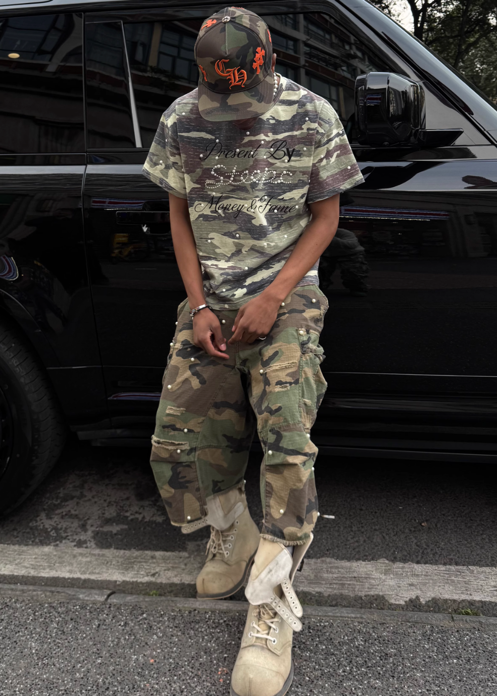 STEEPC Aged Forest Camo Pearl Embellished Print Tee