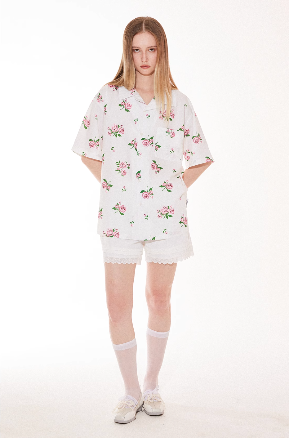 EMPTY REFERENCE Rose Floral Print Short Sleeve Shirt