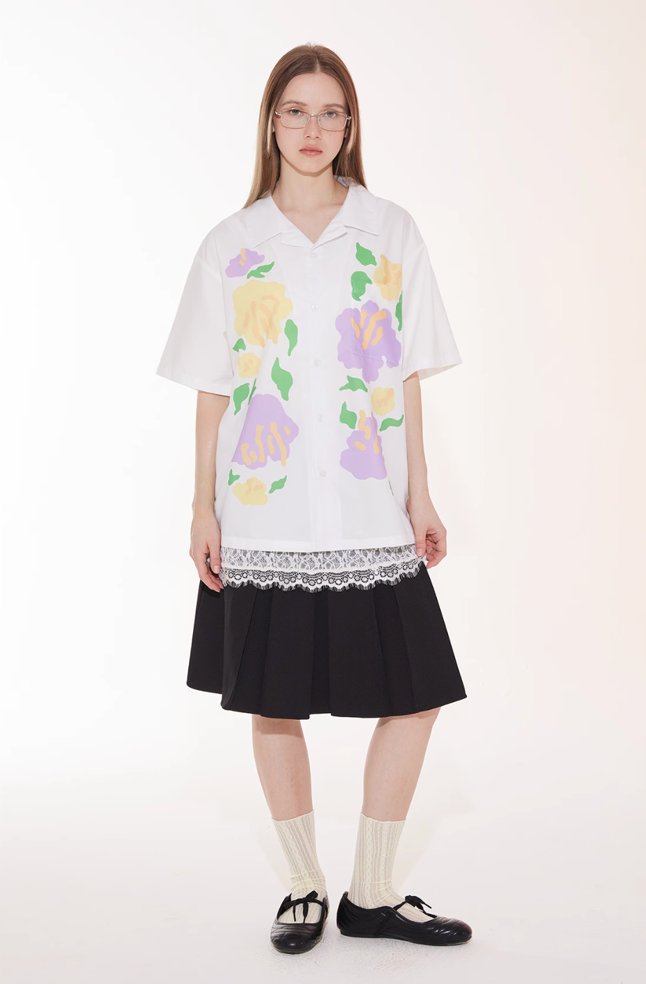 EMPTY REFERENCE Hand Painted Floral Print Short Sleeve Shirt