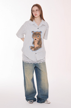 EMPTY REFERENCE Hand Painted Bear Print Plaid Short Sleeve Shirt