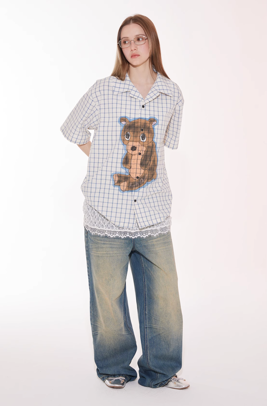 EMPTY REFERENCE Hand Painted Bear Print Plaid Short Sleeve Shirt