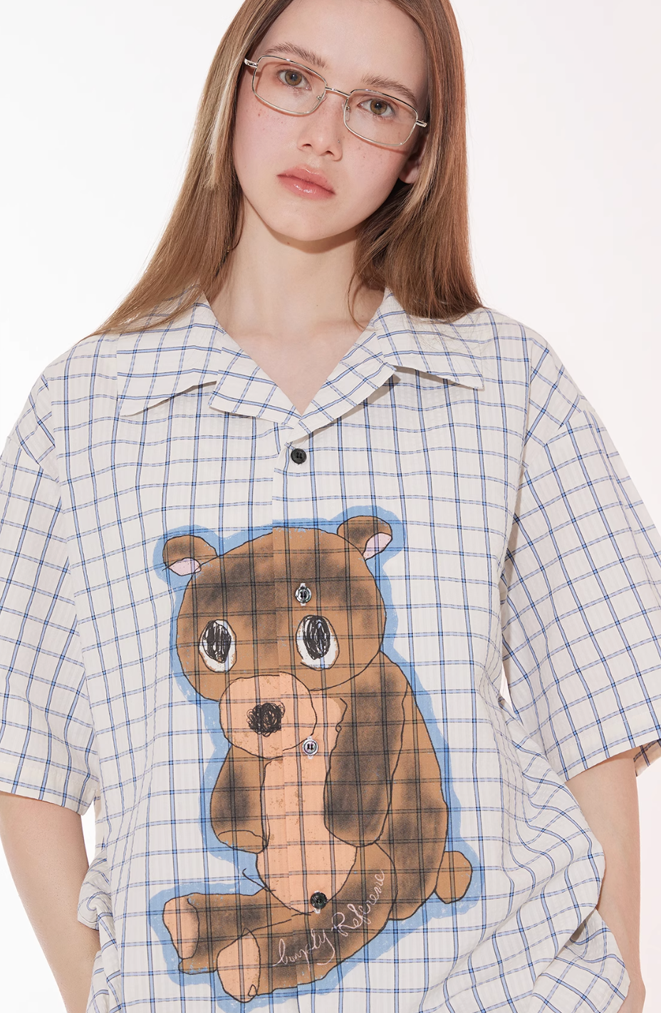 EMPTY REFERENCE Hand Painted Bear Print Plaid Short Sleeve Shirt