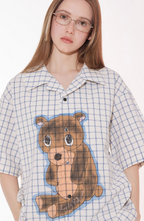 EMPTY REFERENCE Hand Painted Bear Print Plaid Short Sleeve Shirt