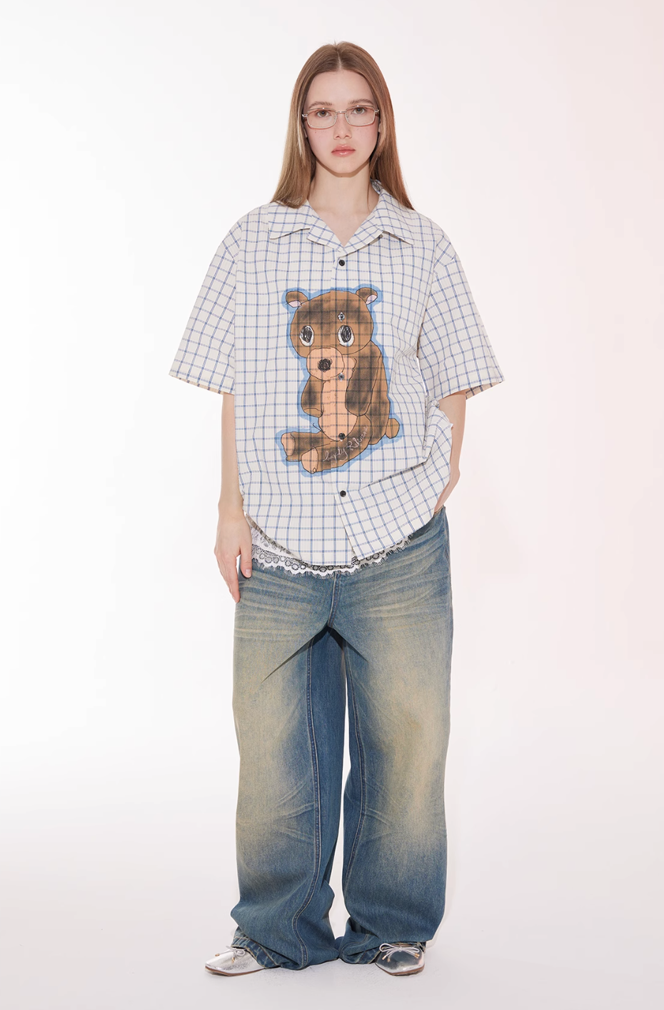 EMPTY REFERENCE Hand Painted Bear Print Plaid Short Sleeve Shirt
