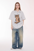 EMPTY REFERENCE Hand Painted Bear Print Plaid Short Sleeve Shirt
