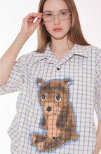 EMPTY REFERENCE Hand Painted Bear Print Plaid Short Sleeve Shirt