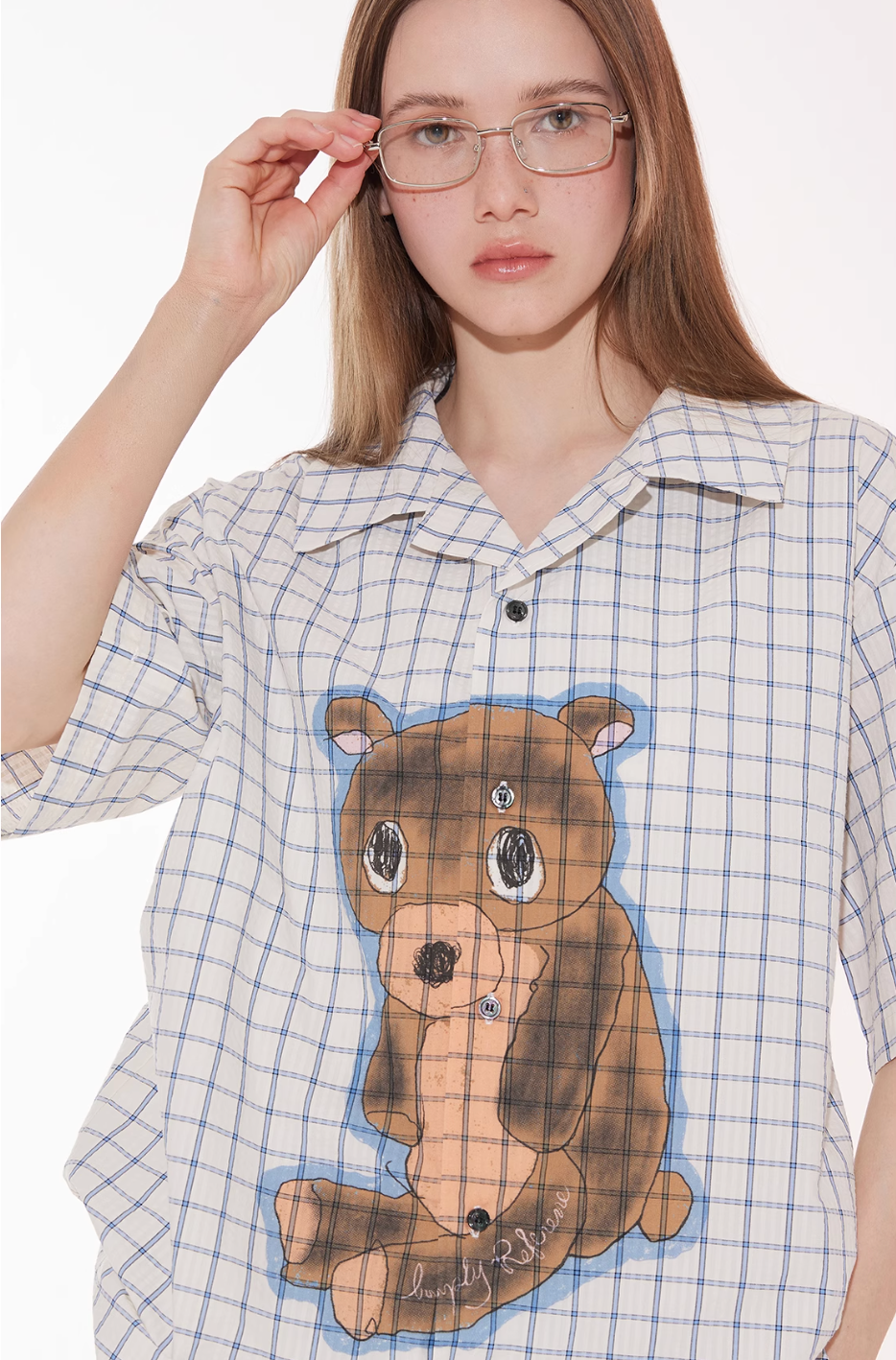 EMPTY REFERENCE Hand Painted Bear Print Plaid Short Sleeve Shirt