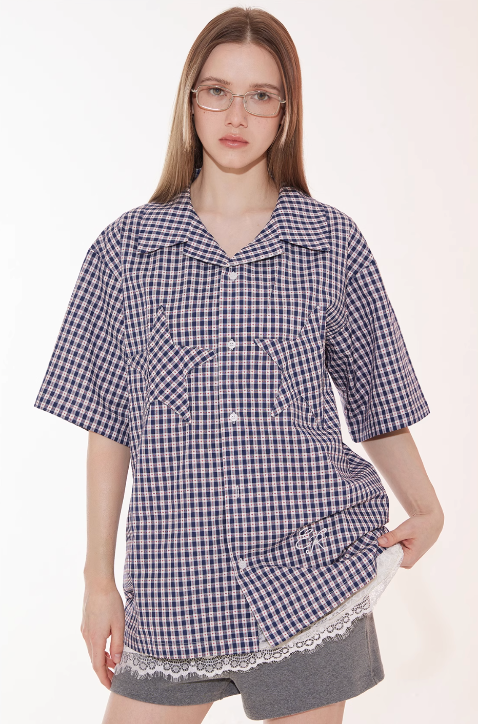 EMPTY REFERENCE Star Pocket Patchwork Plaid Short Sleeve Shirt