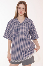EMPTY REFERENCE Star Pocket Patchwork Plaid Short Sleeve Shirt