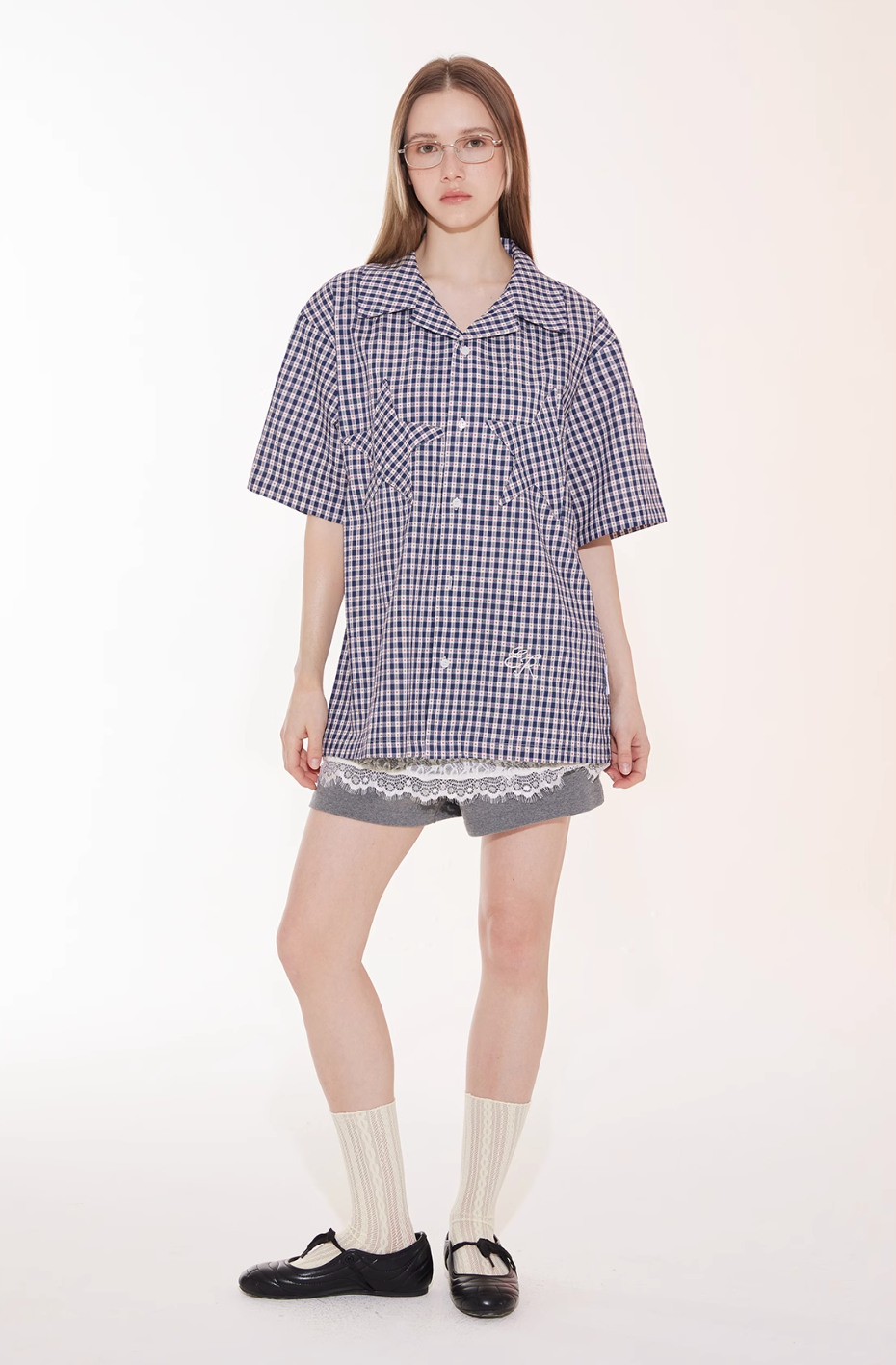 EMPTY REFERENCE Star Pocket Patchwork Plaid Short Sleeve Shirt
