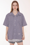 EMPTY REFERENCE Star Pocket Patchwork Plaid Short Sleeve Shirt