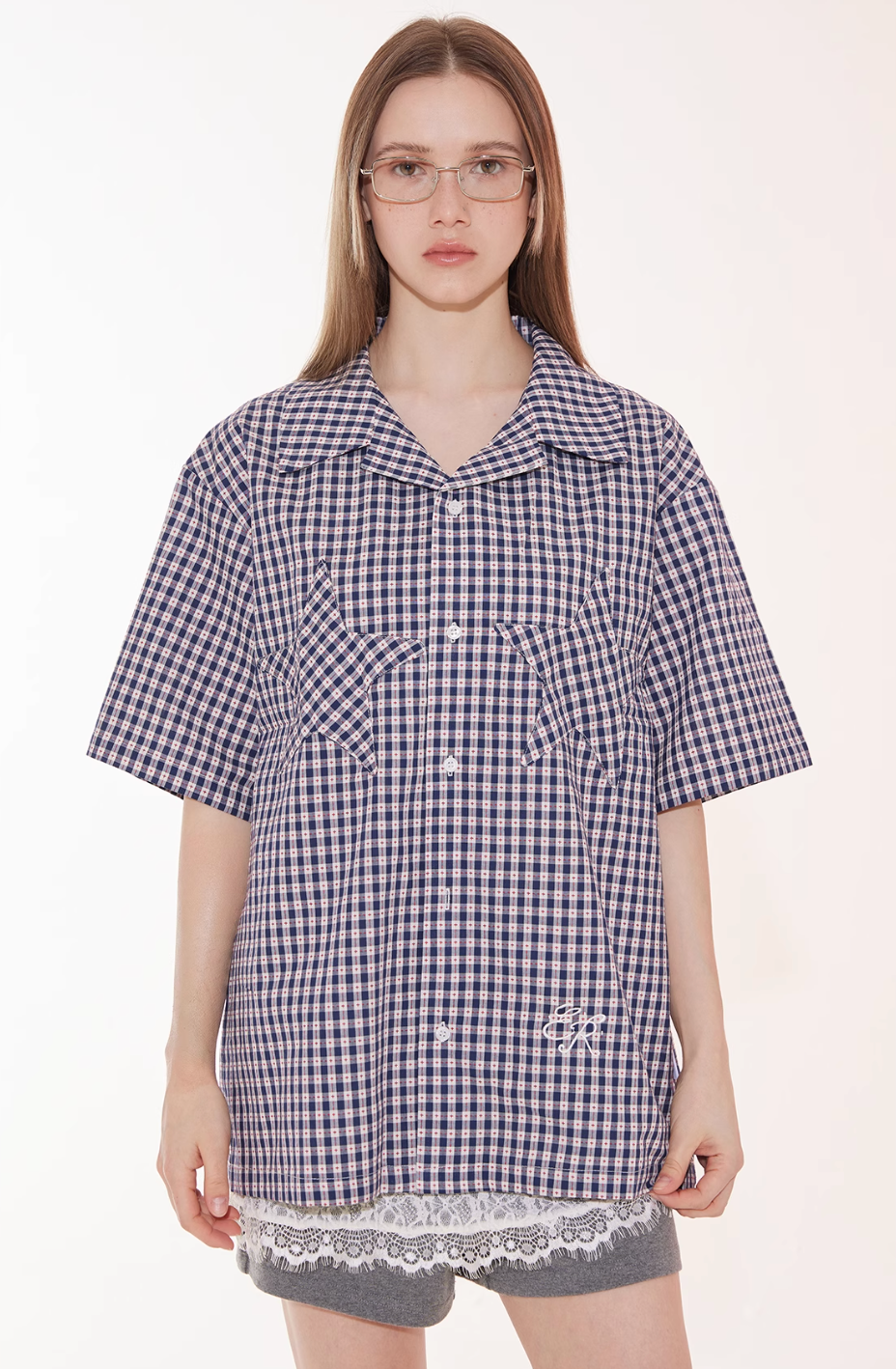 EMPTY REFERENCE Star Pocket Patchwork Plaid Short Sleeve Shirt