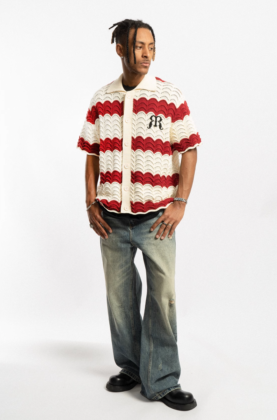 EMPTY REFERENCE Wave Colorblock Knit Short Sleeve Shirt