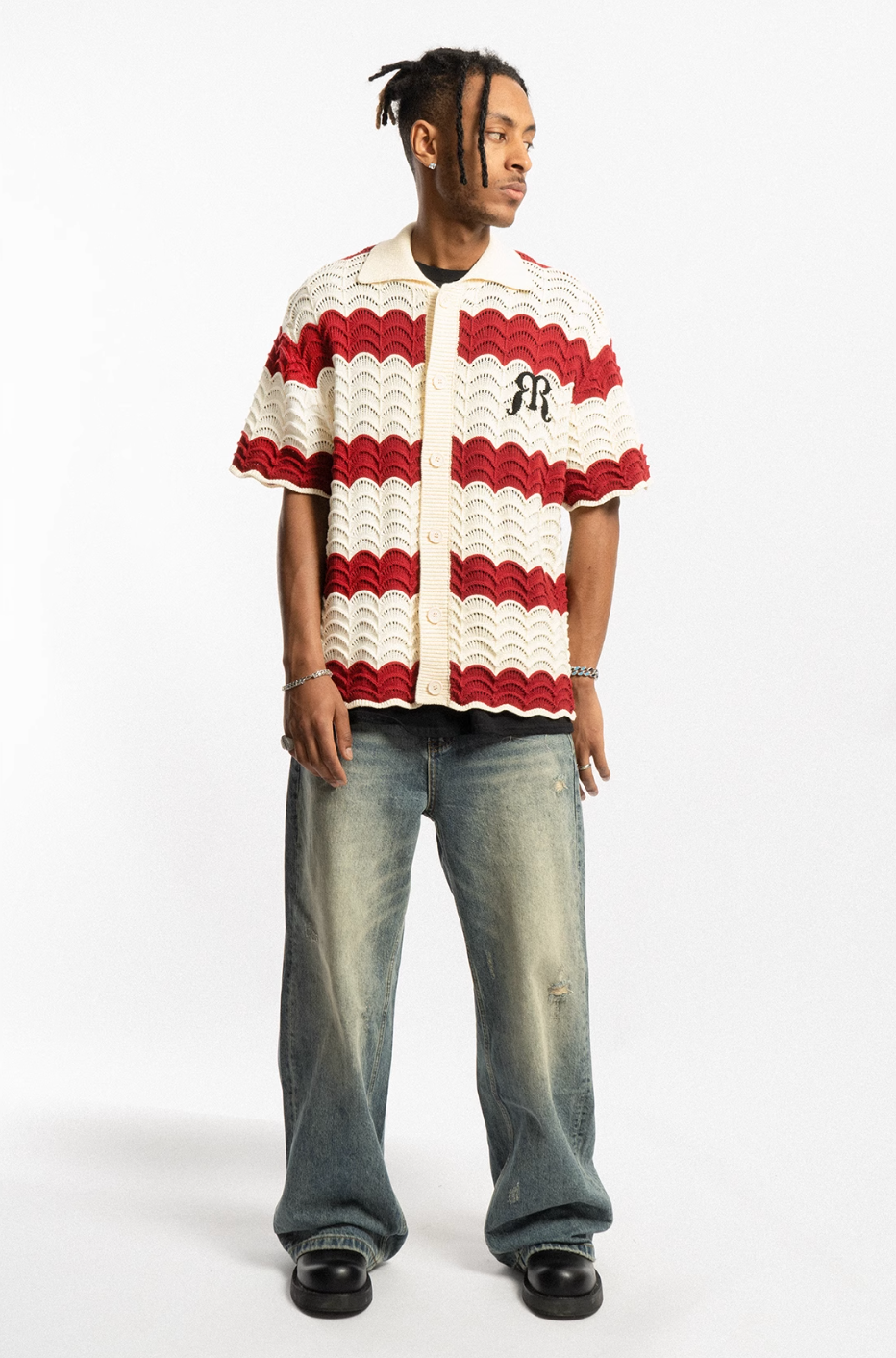 EMPTY REFERENCE Wave Colorblock Knit Short Sleeve Shirt