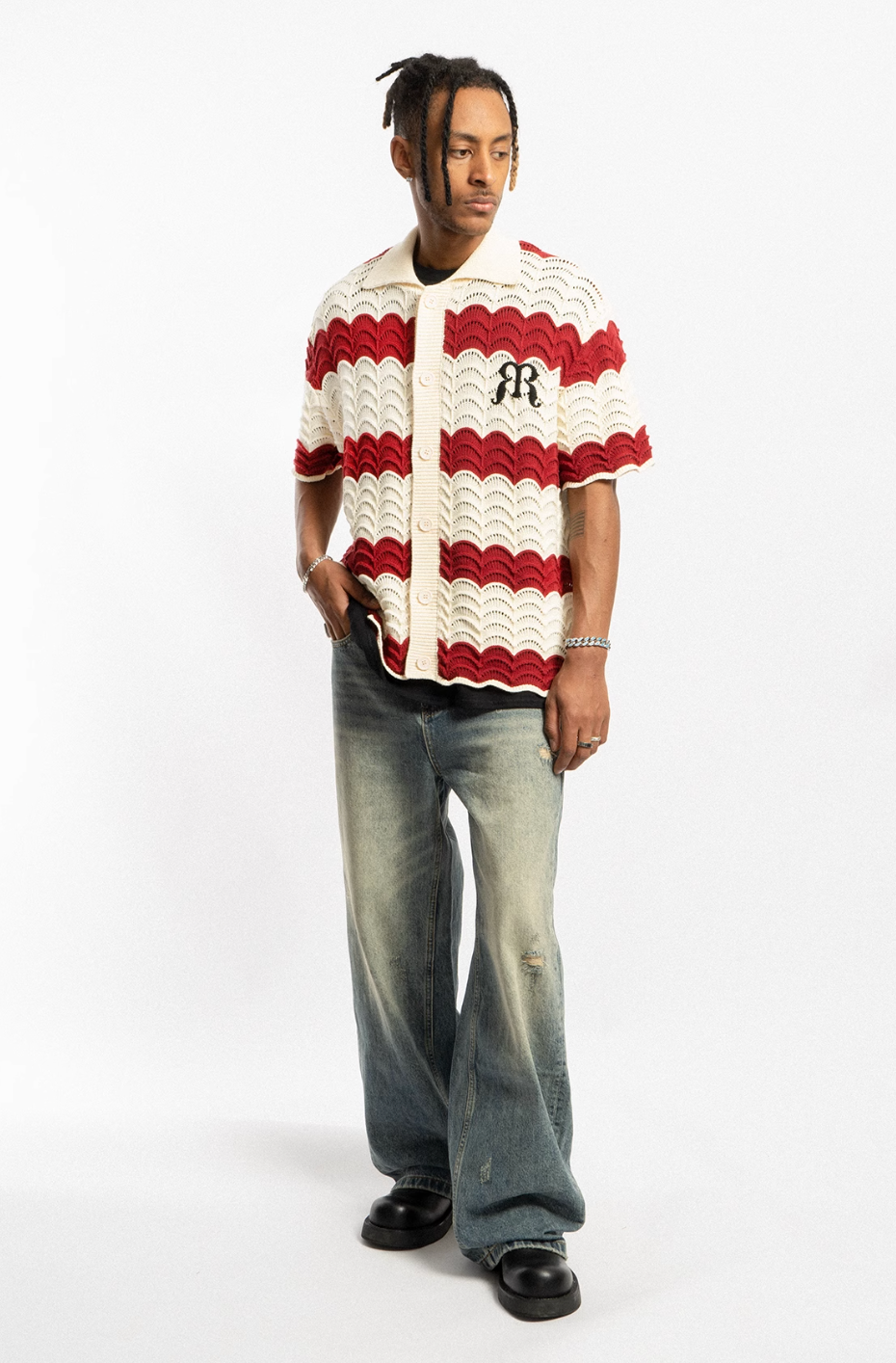EMPTY REFERENCE Wave Colorblock Knit Short Sleeve Shirt