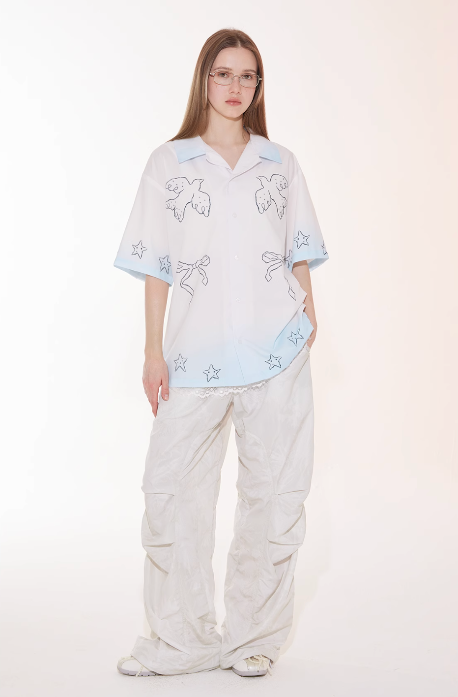 EMPTY REFERENCE Gradient Pigeon Print Short Sleeve Shirt