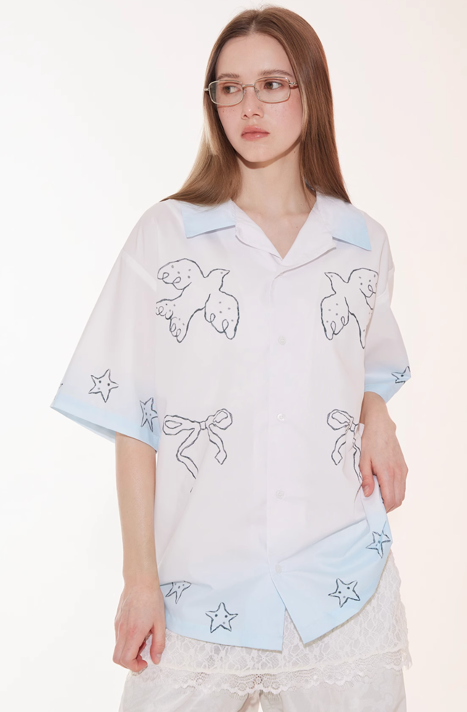 EMPTY REFERENCE Gradient Pigeon Print Short Sleeve Shirt