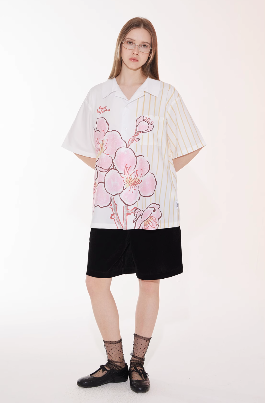 EMPTY REFERENCE Striped Floral Print Short Sleeve Shirt
